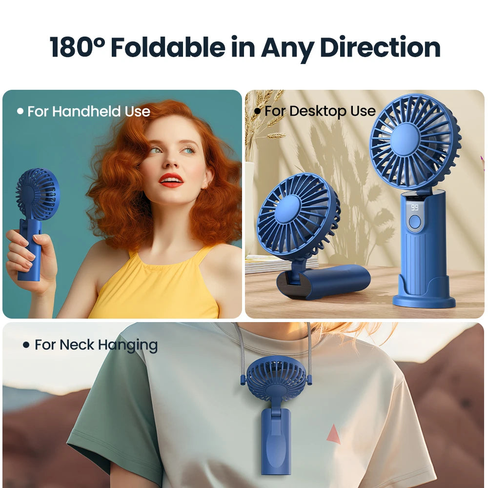 5000Mah Mini Portable Fan USB Rechargeable Hand Held Fan,Small Pocket Fan 3 Speeds with Lanyard &Base,Usb Desk Fan Foldable