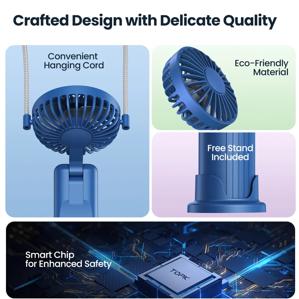 5000Mah Mini Portable Fan USB Rechargeable Hand Held Fan,Small Pocket Fan 3 Speeds with Lanyard &Base,Usb Desk Fan Foldable